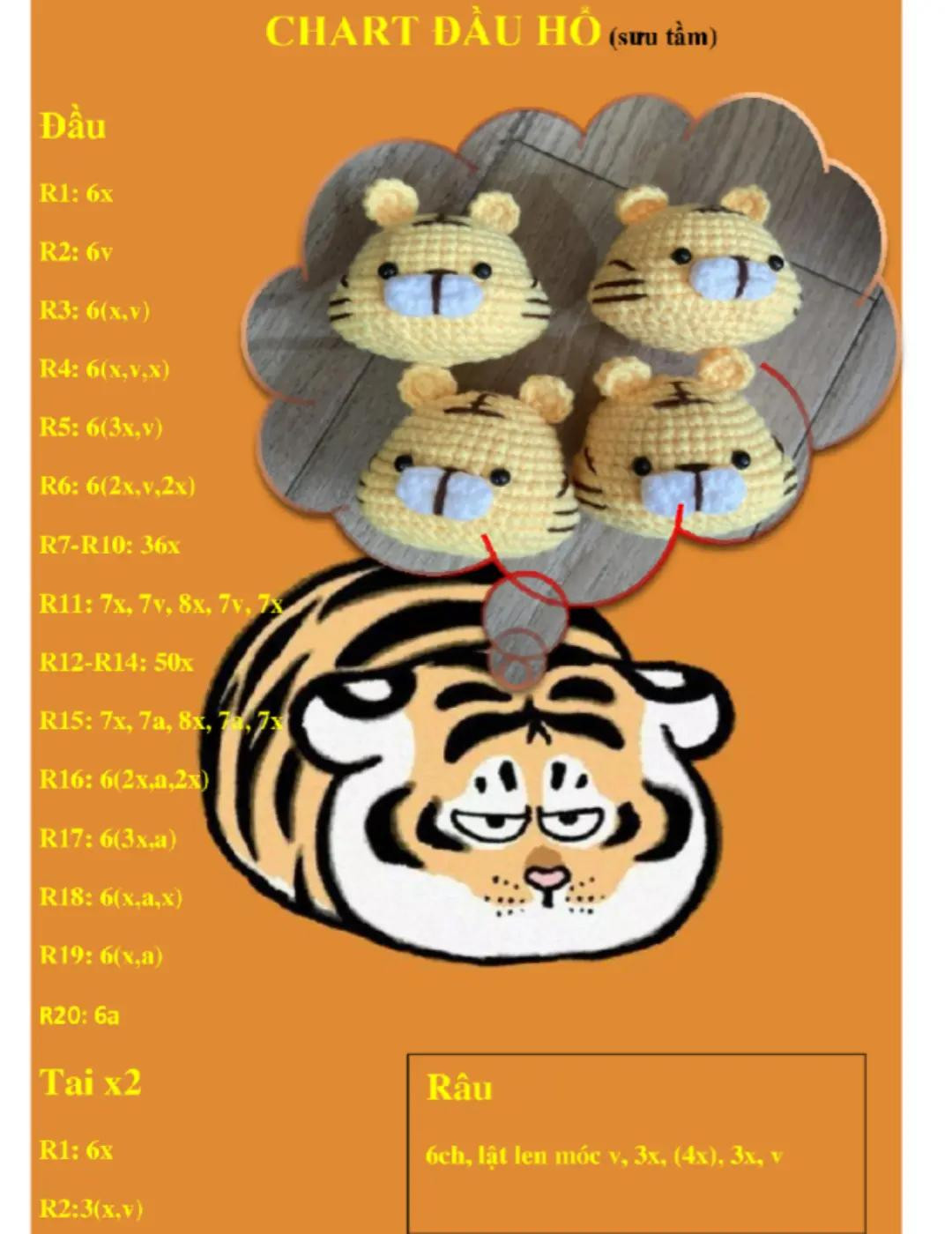 Chart Móc Len Đầu Hổ: Hướng dẫn chi tiết từng hàng móc đầu hổ màu vàng, tai và râu cho búp bê amigurumi dễ thương