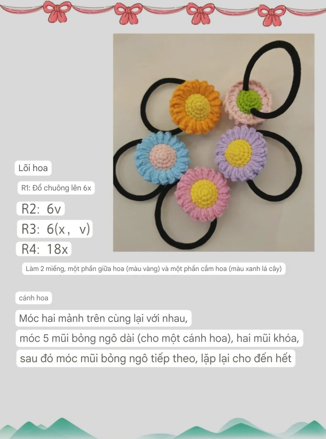 Chart Móc Len Dây Buộc Tóc Hoa Nhiều Màu Sắc