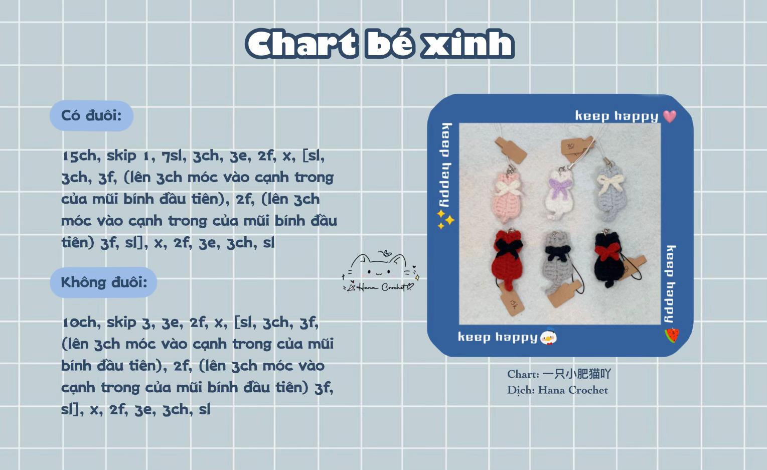 Chart móc len dễ thương: Trái tim, Cỏ 4 lá và Con mèo - Hướng dẫn chi tiết từng hàng