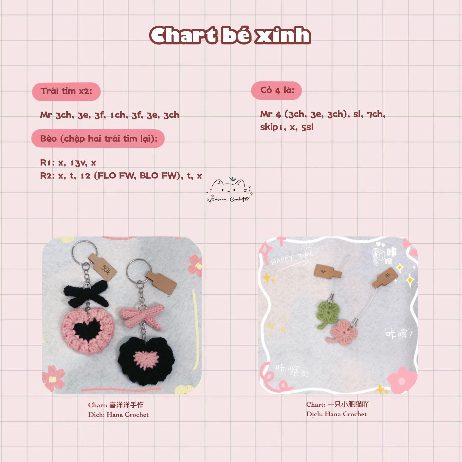 Chart móc len dễ thương: Trái tim, Cỏ 4 lá và Con mèo - Hướng dẫn chi tiết từng hàng