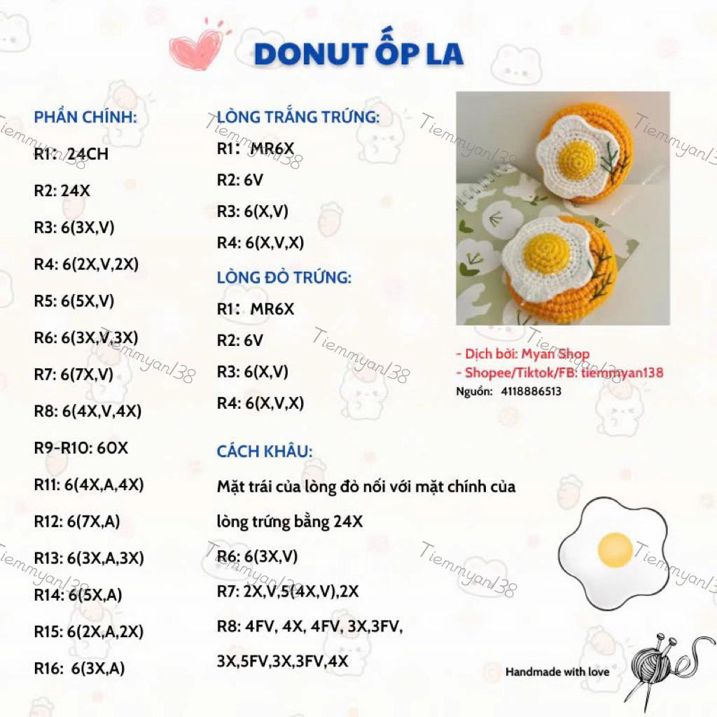 Chart móc len Donut ốp la dễ thương, hướng dẫn chi tiết từng hàng cho phần bánh và trứng