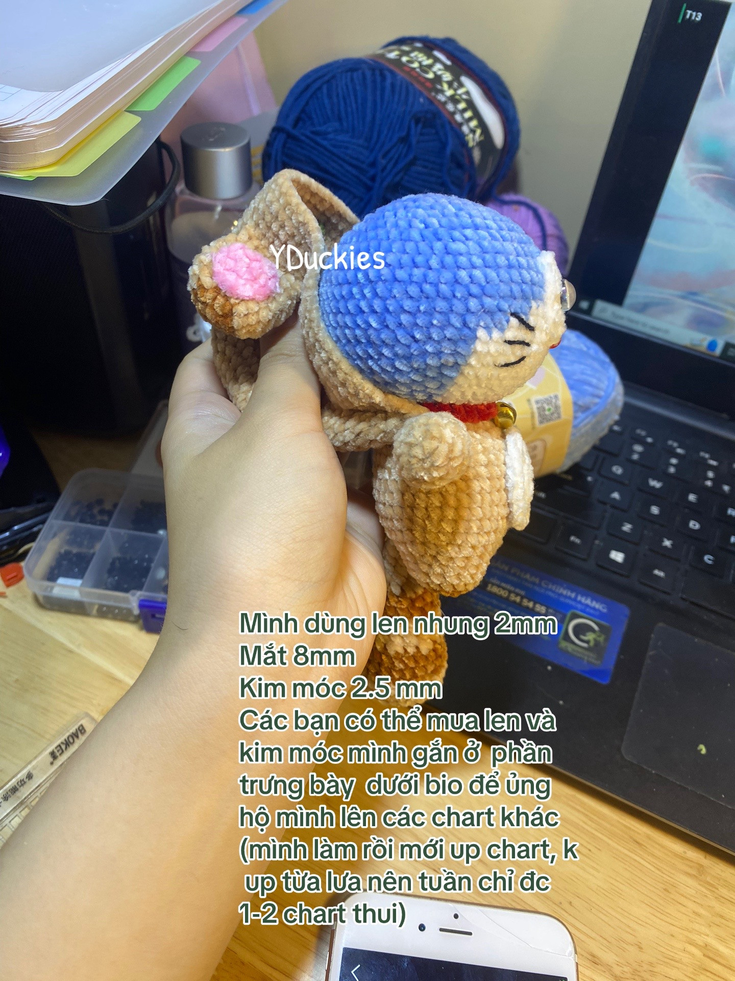 Chart móc len Doraemon mini bằng len nhung, kim 2.5mm