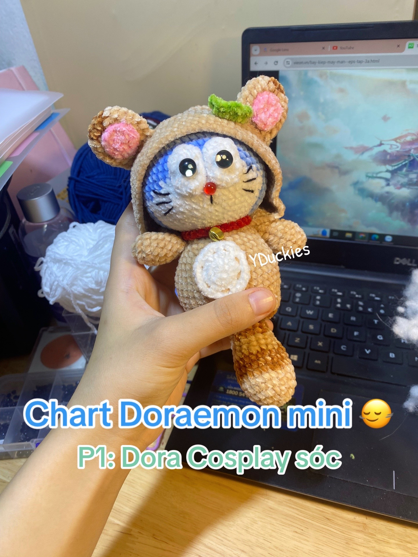 Chart móc len Doraemon mini bằng len nhung, kim 2.5mm