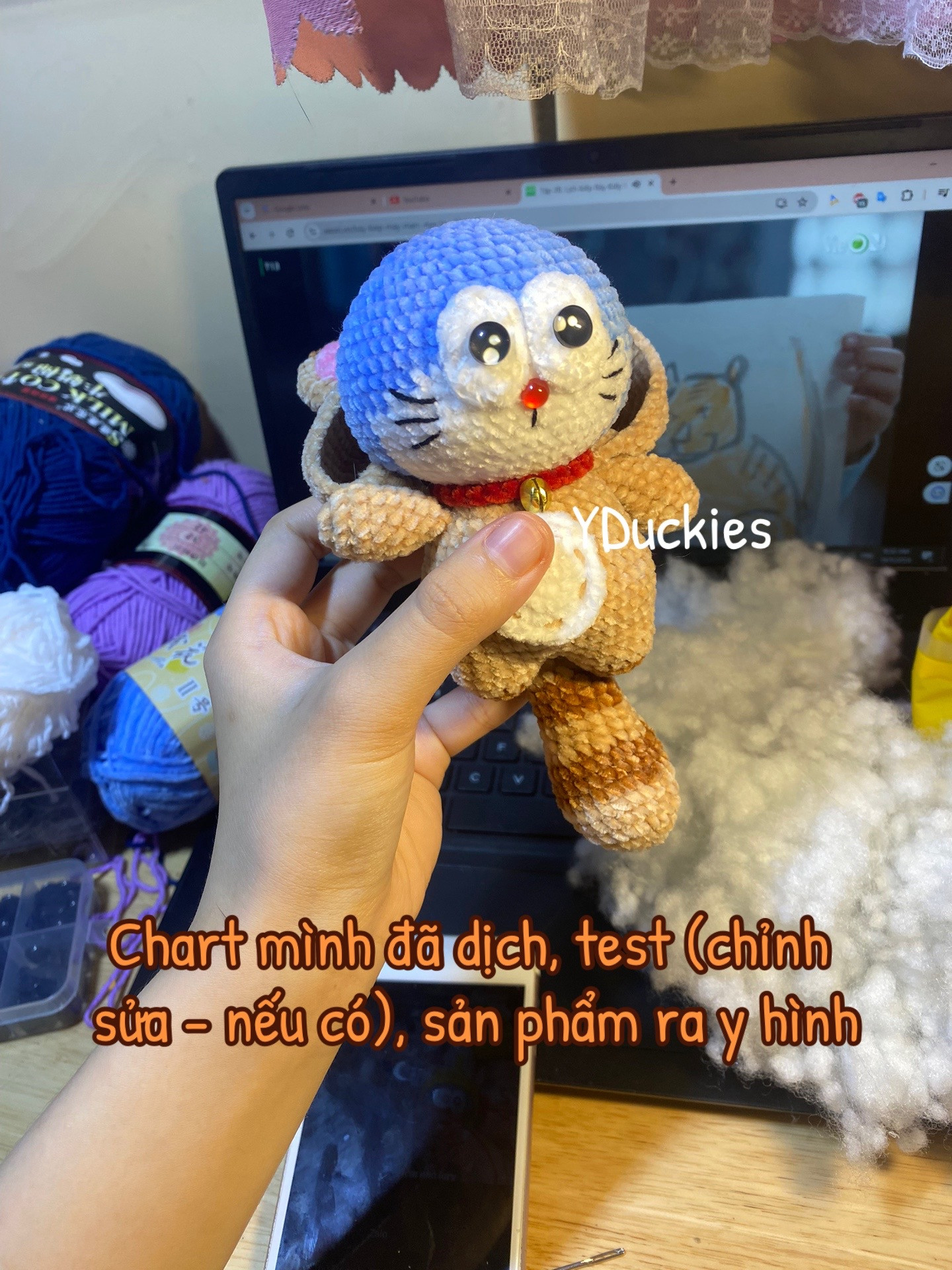 Chart móc len Doraemon mini bằng len nhung, kim 2.5mm