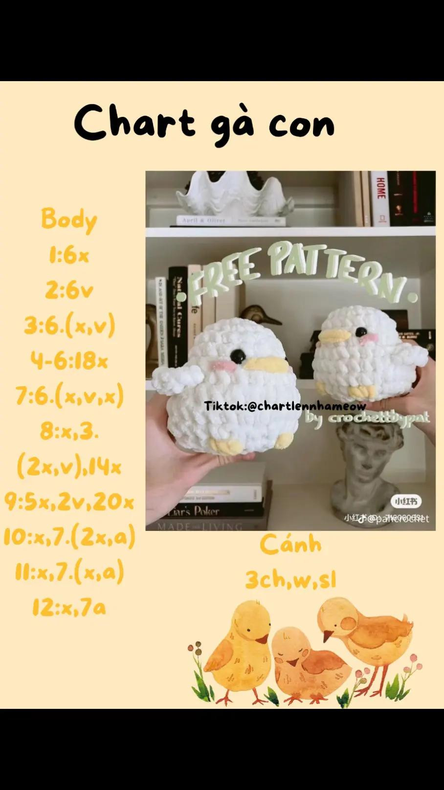 Chart móc len Gà con dễ thương - Hướng dẫn chi tiết từng hàng Body và Cánh