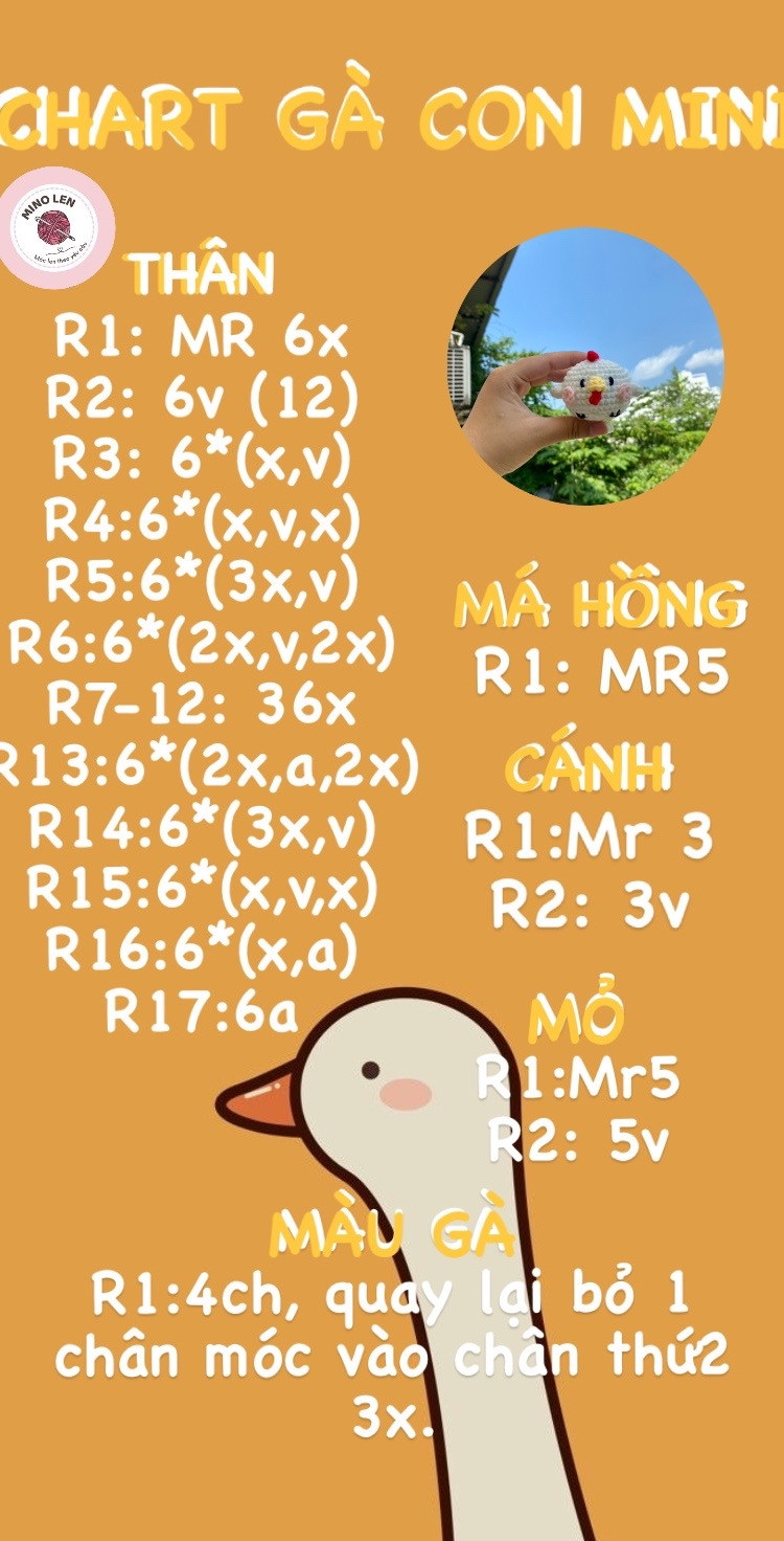 Chart móc len Gà con Mini: Thân, má hồng, cánh, mỏ và mào gà