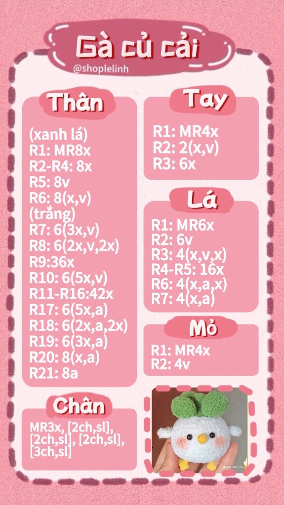 Chart móc len Gà củ cải dễ thương, hướng dẫn chi tiết từng phần