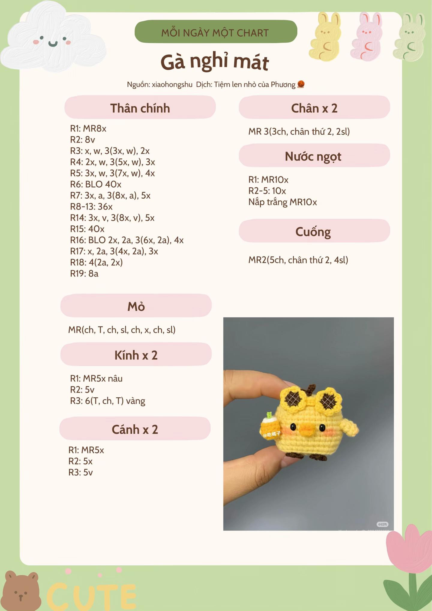 Chart Móc Len Gà Nghỉ Mát Mặc Kính Ngồi Cầm Nước Cam