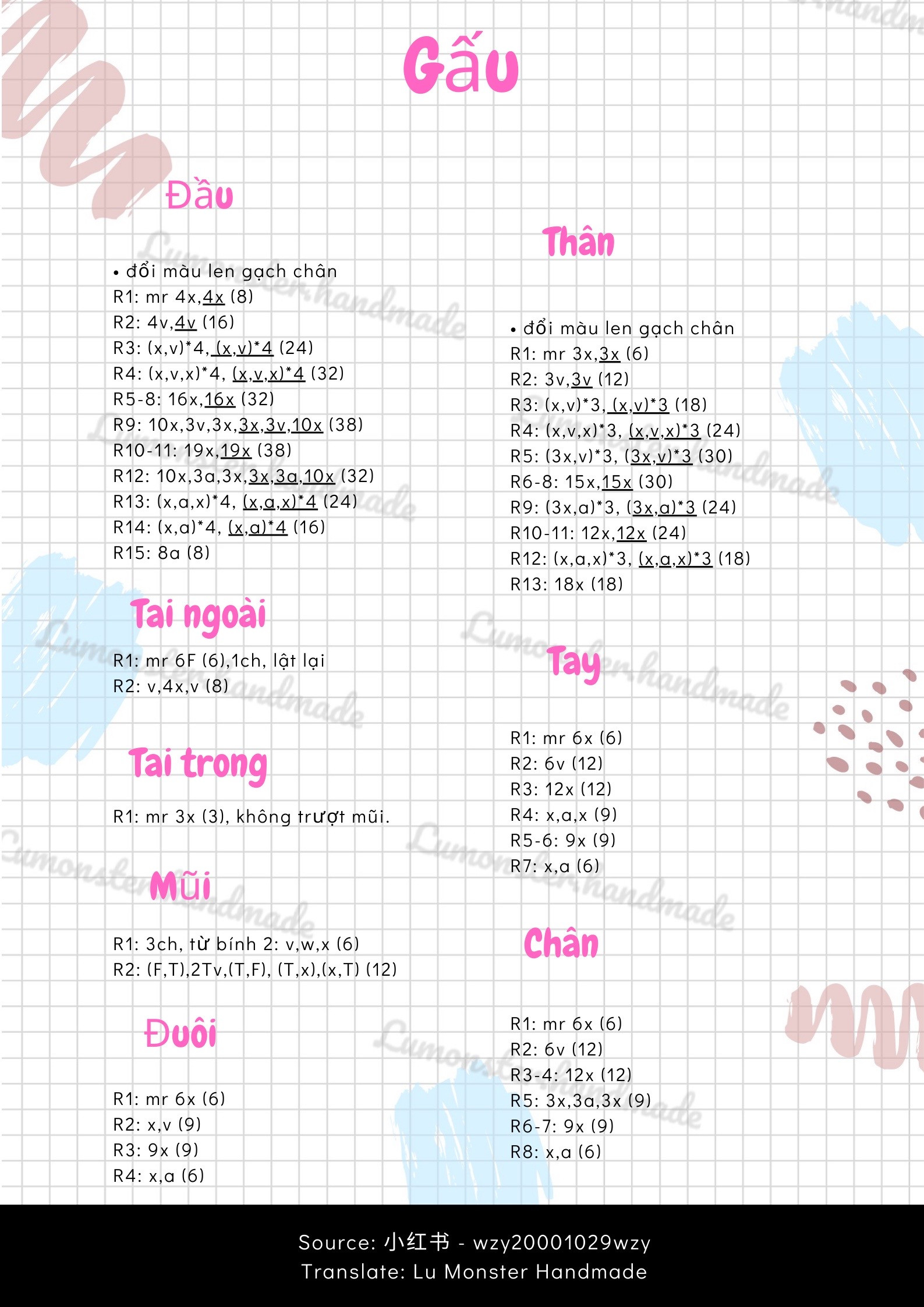 Chart Móc Len Gấu Bông Hai Màu Be Trắng Chi Tiết Từng Phần