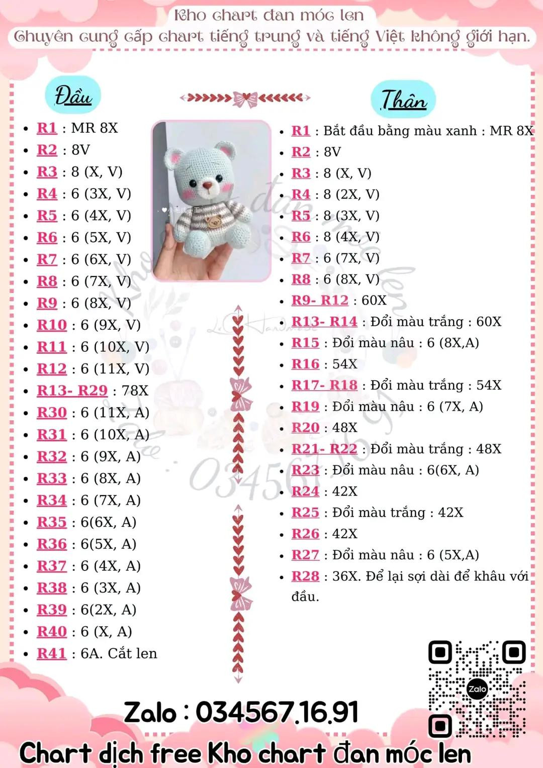 Chart móc len gấu bông màu xanh nhạt mặc áo sọc nâu trắng