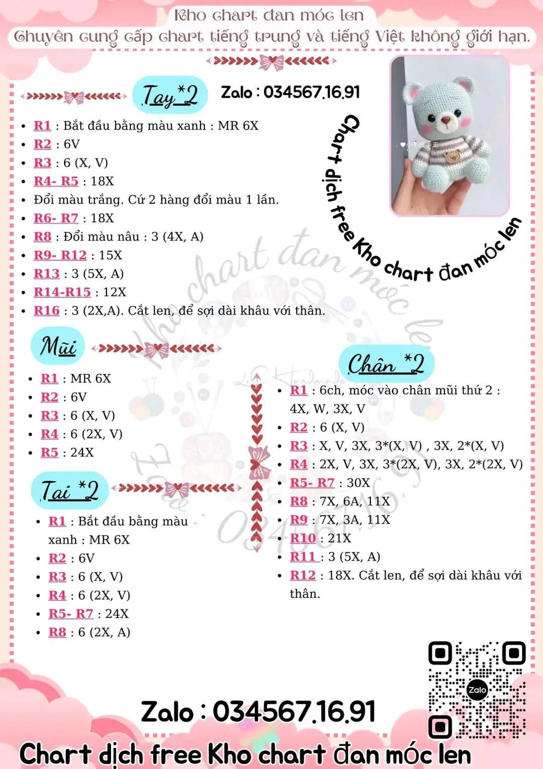 Chart móc len gấu bông màu xanh nhạt mặc áo sọc nâu trắng