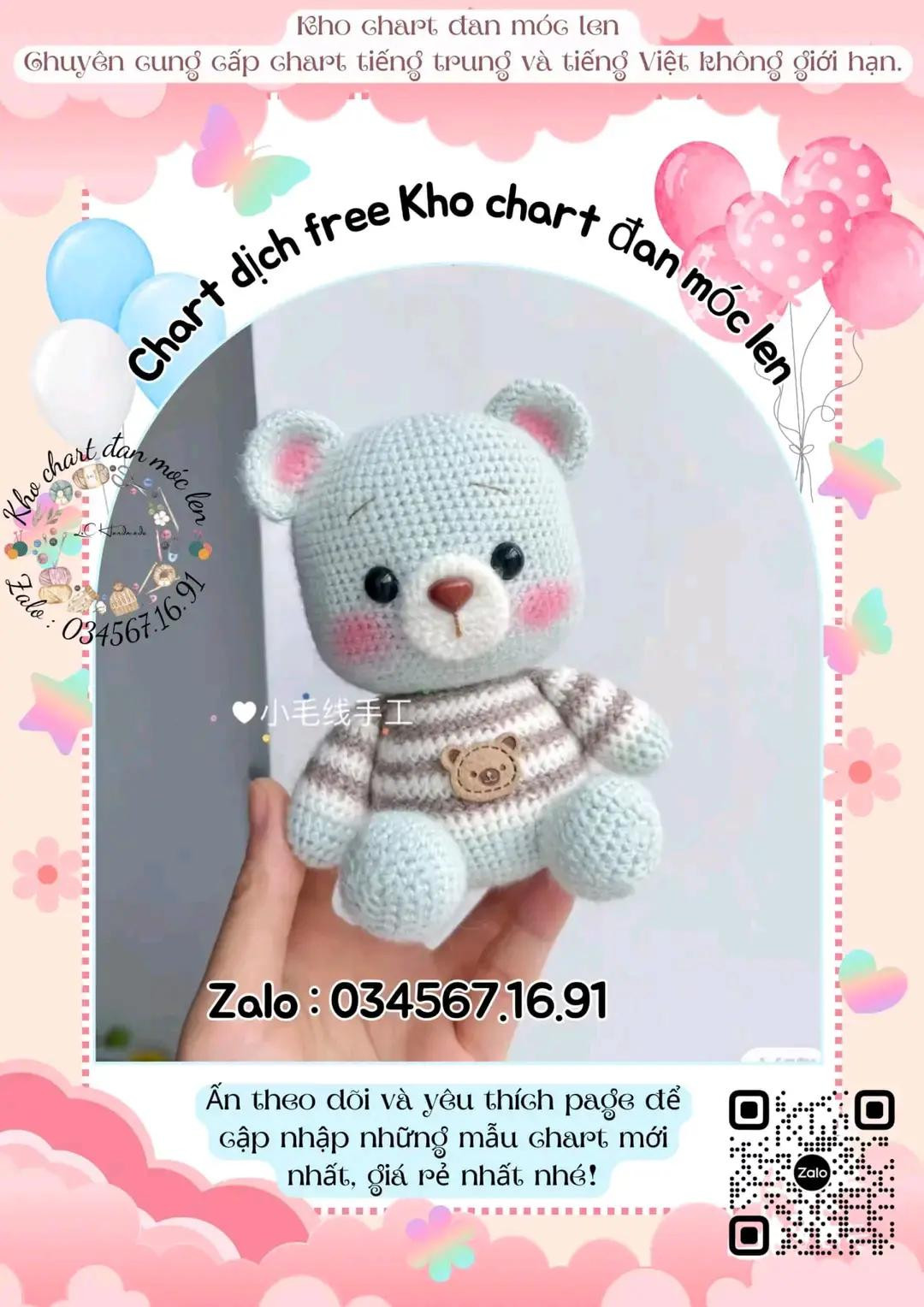 Chart móc len gấu bông màu xanh nhạt mặc áo sọc nâu trắng