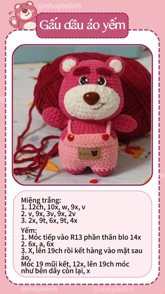 Chart móc len Gấu dâu áo yếm màu hồng