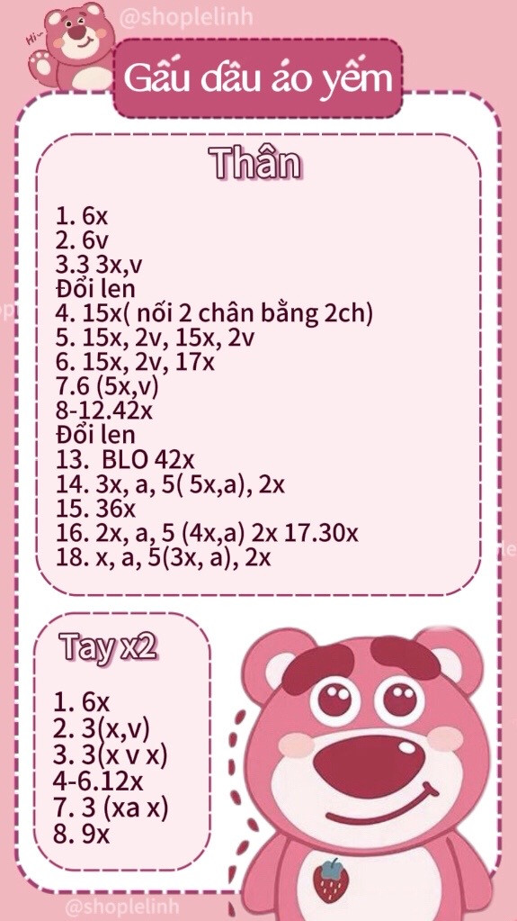 Chart móc len Gấu dâu áo yếm màu hồng