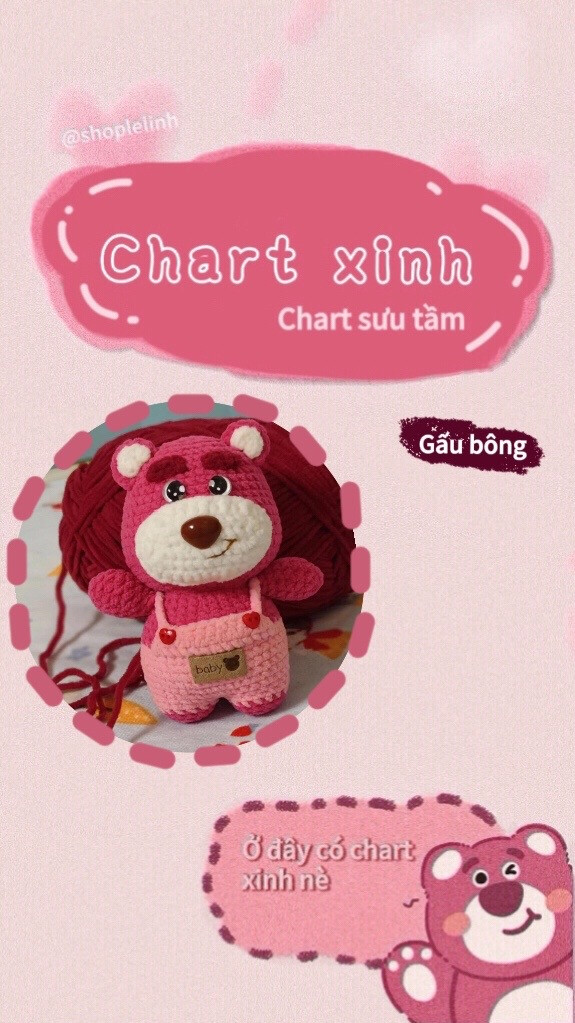 Chart móc len Gấu dâu áo yếm màu hồng