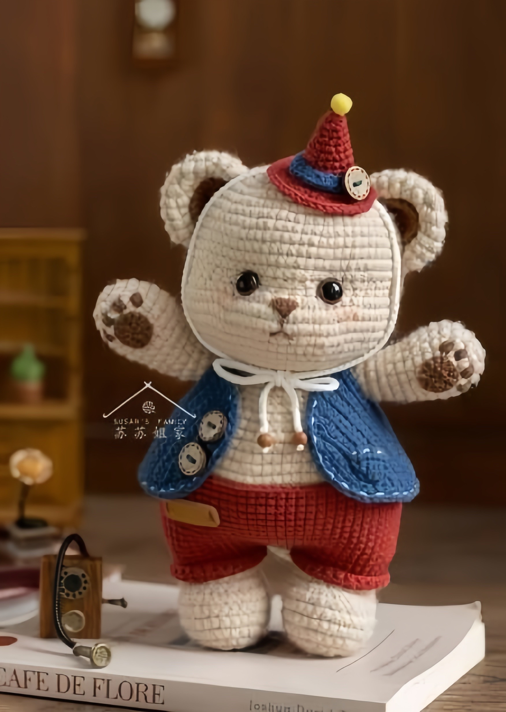 Chart móc len gấu đội mũ sinh nhật màu trắng xanh đỏ