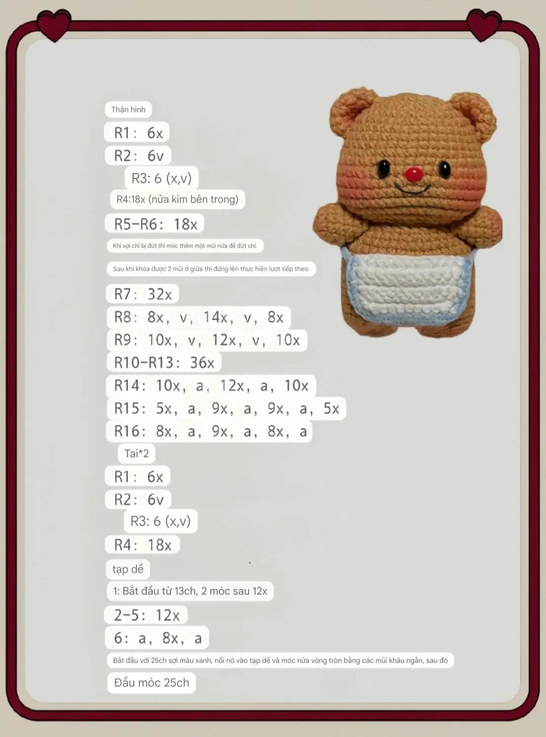 Chart Móc Len Gấu Em Bé: Hướng dẫn chi tiết cách móc gấu bông dễ thương mặc tã