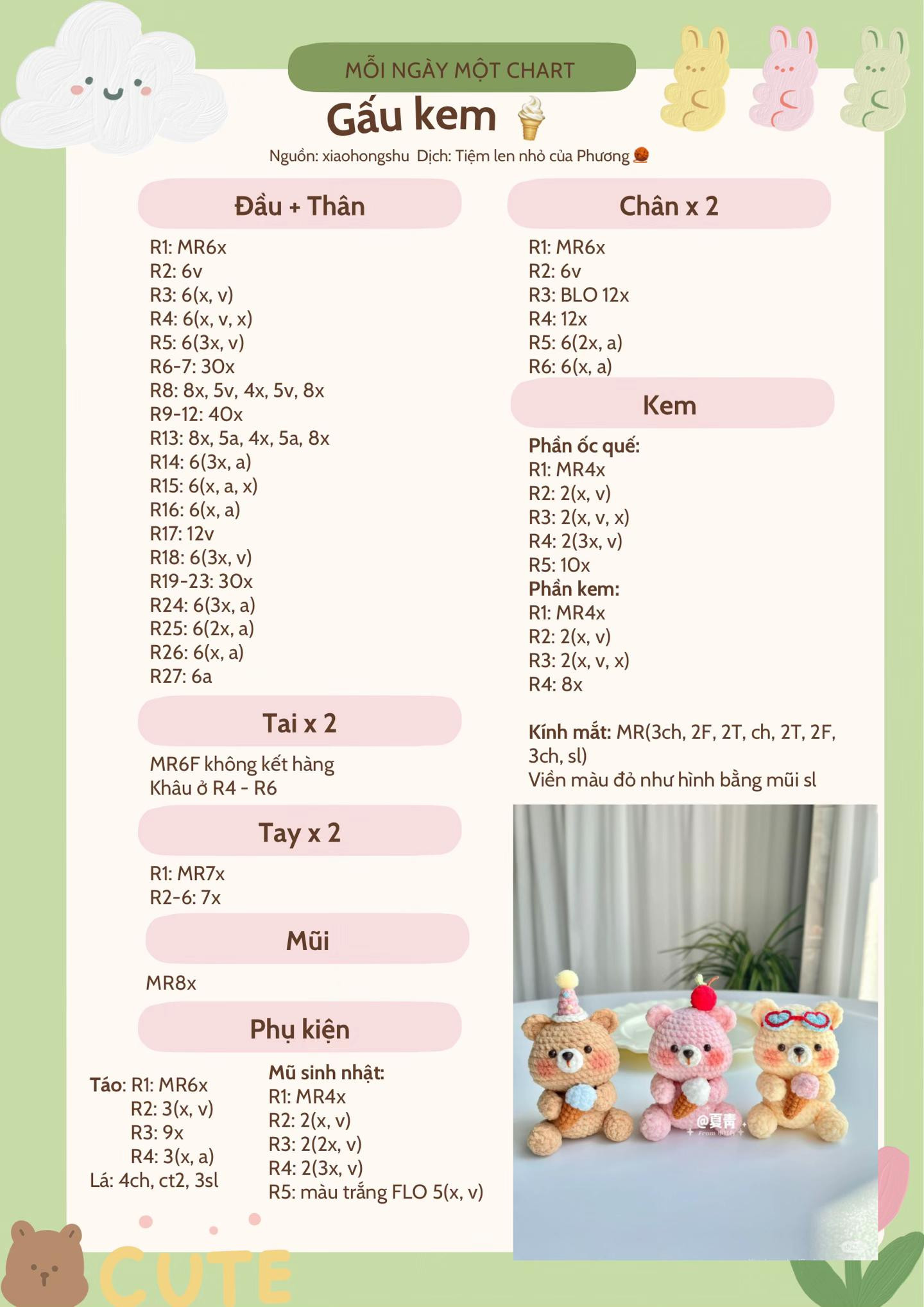 Chart móc len Gấu kem dễ thương, bảng hướng dẫn chi tiết từng phần