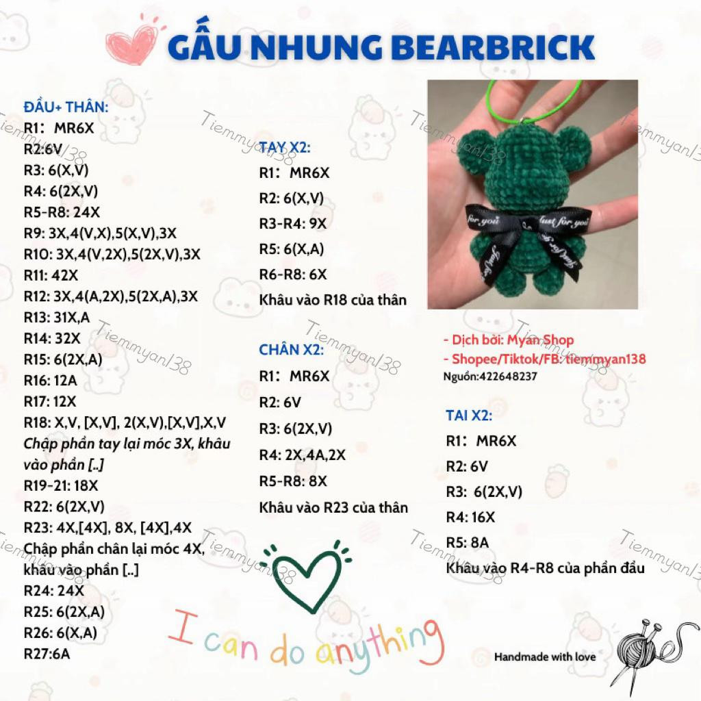 Chart móc len Gấu Nhung Bearbrick màu xanh lá kèm nơ đen