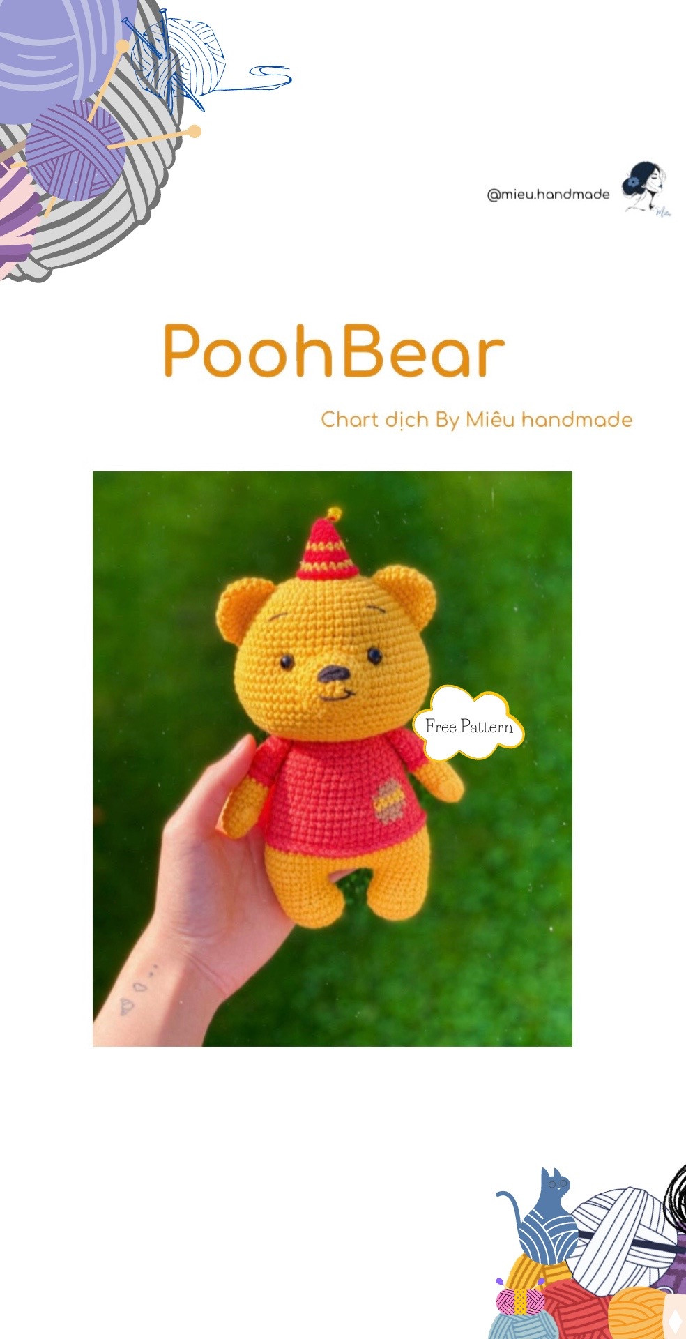 Chart Móc Len Gấu Pooh Bear Màu Vàng Đỏ - Hướng Dẫn Chi Tiết