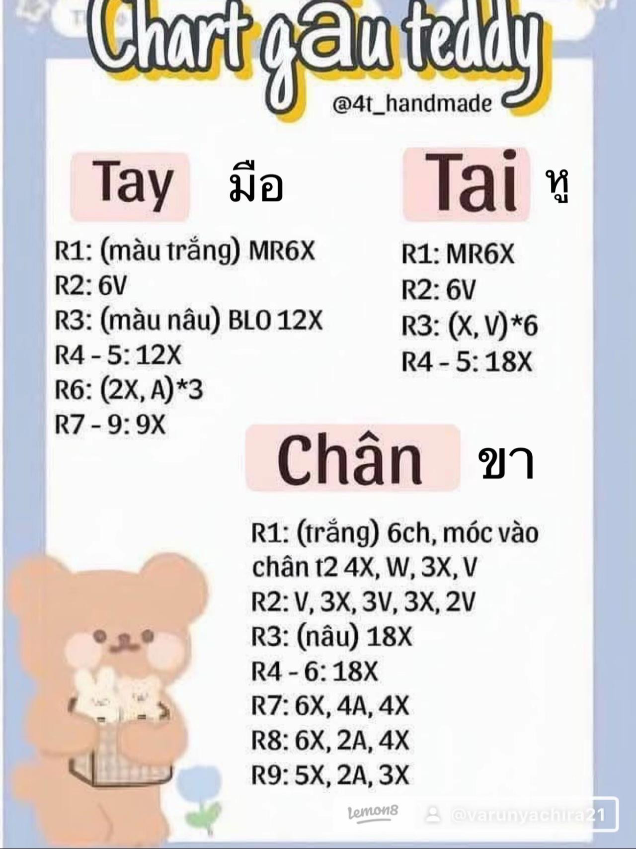 Chart móc len gấu teddy nâu trắng dễ thương