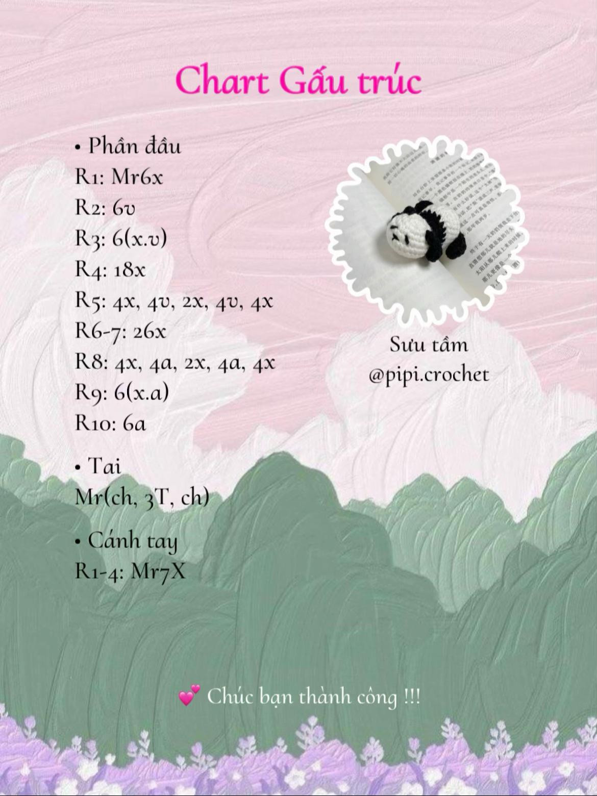 Chart móc len Gấu trúc Panda lười biếng dễ thương, hướng dẫn chi tiết từng hàng