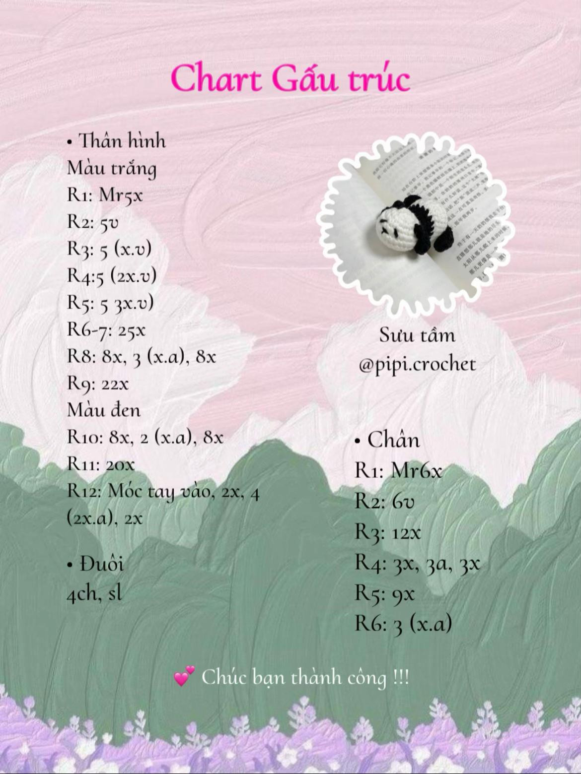 Chart móc len Gấu trúc Panda lười biếng dễ thương, hướng dẫn chi tiết từng hàng