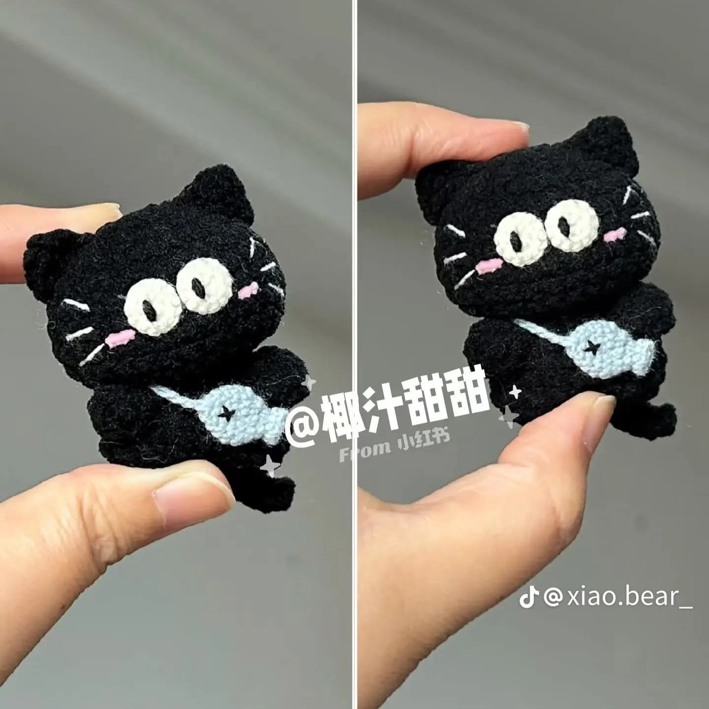 Chart móc len gấu ú trắng và mèo đen đeo túi cá