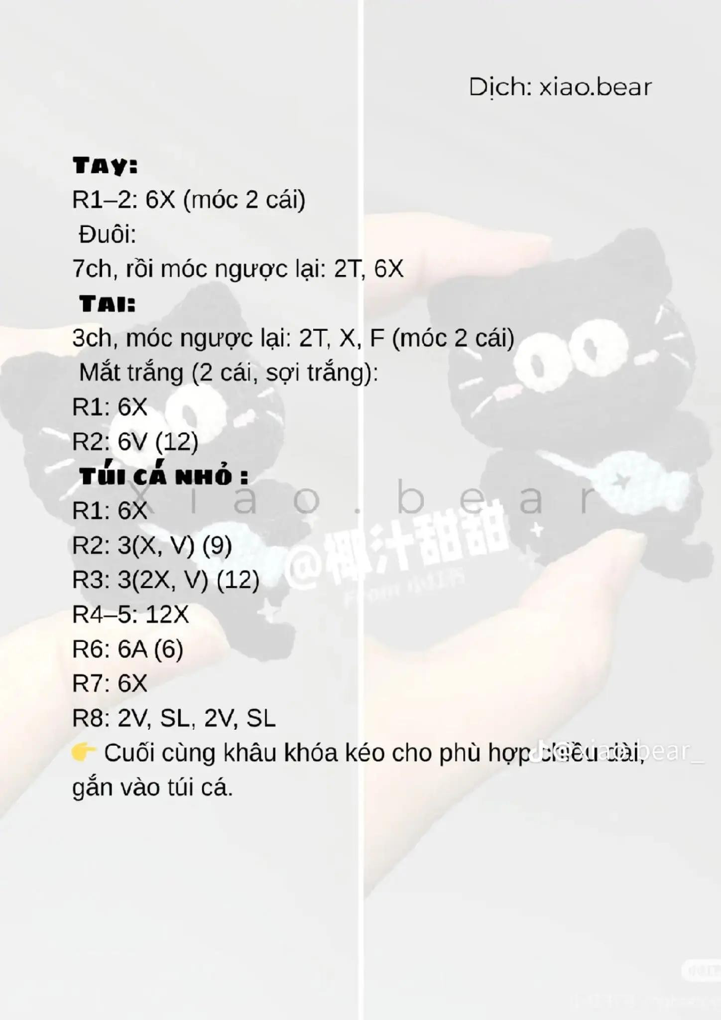 Chart móc len gấu ú trắng và mèo đen đeo túi cá