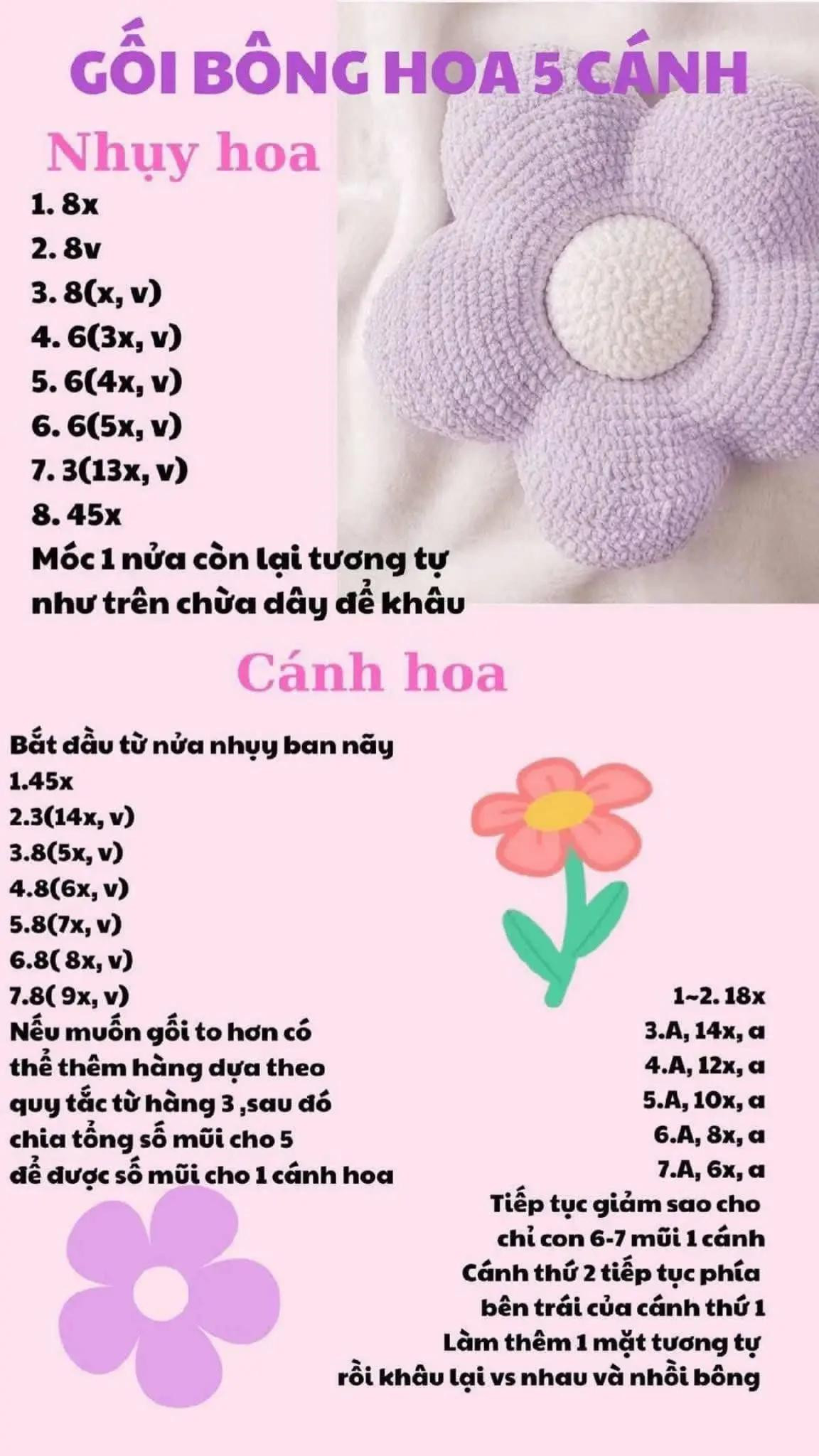 Chart móc len gối bông hoa 5 cánh màu tím hồng