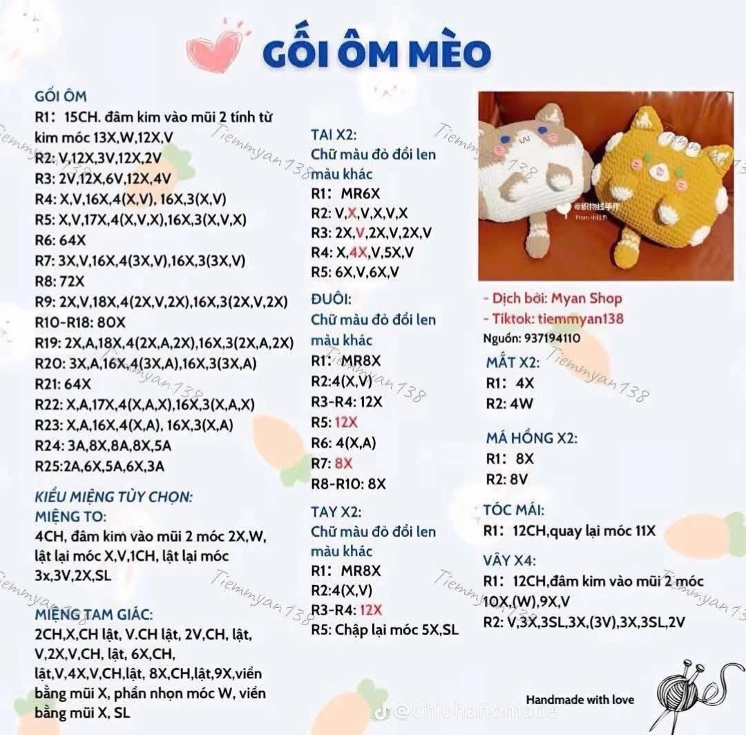 Chart Móc Len Gối Ôm Mèo Xinh Dáng Ngủ