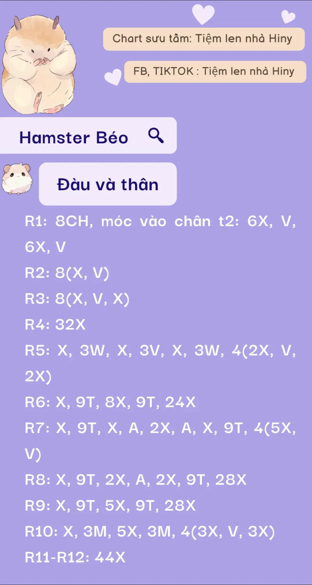 Chart móc len Hamster Béo: Hướng dẫn chi tiết từng phần đầu, thân, tay và chân từ Tiệm len nhà Hiny
