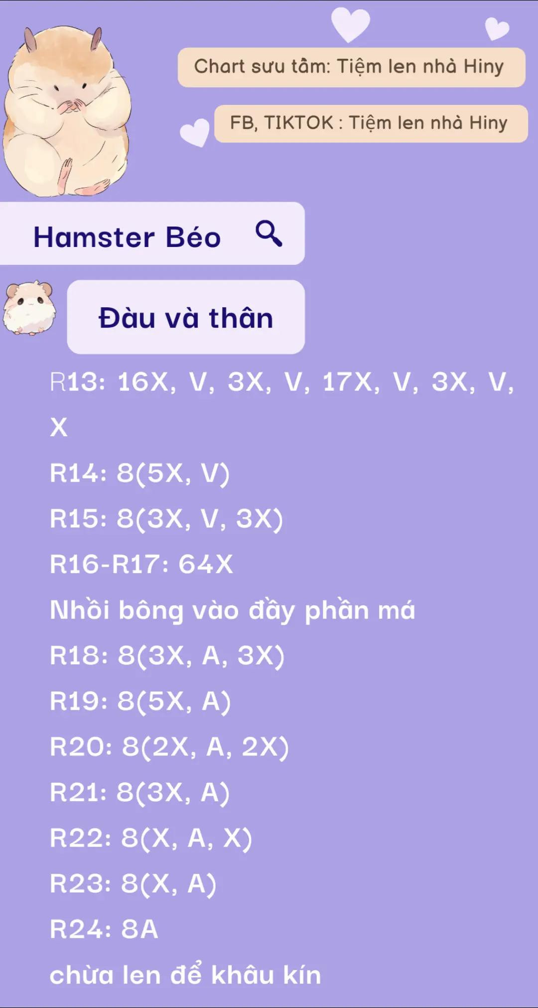 Chart móc len Hamster Béo: Hướng dẫn chi tiết từng phần đầu, thân, tay và chân từ Tiệm len nhà Hiny