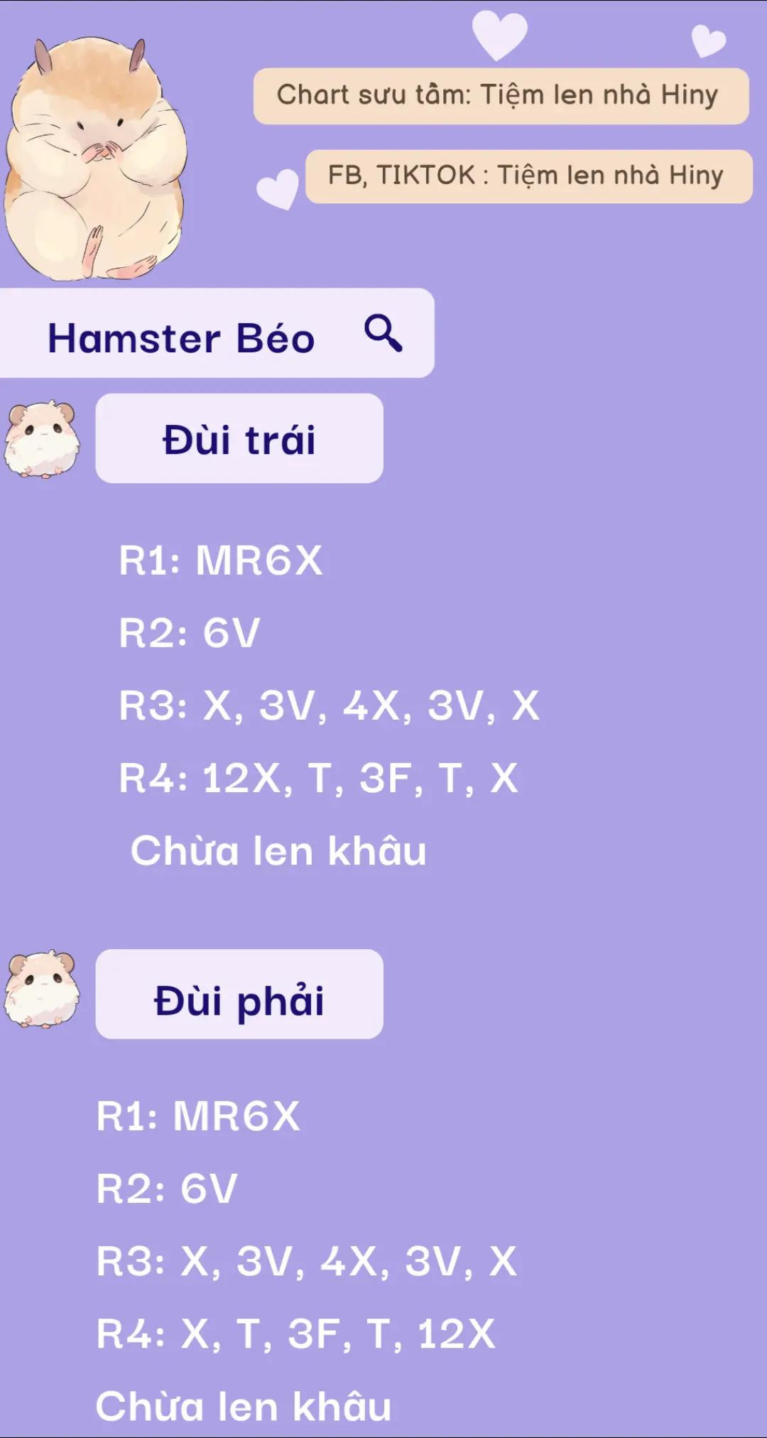Chart móc len Hamster Béo: Hướng dẫn chi tiết từng phần đầu, thân, tay và chân từ Tiệm len nhà Hiny