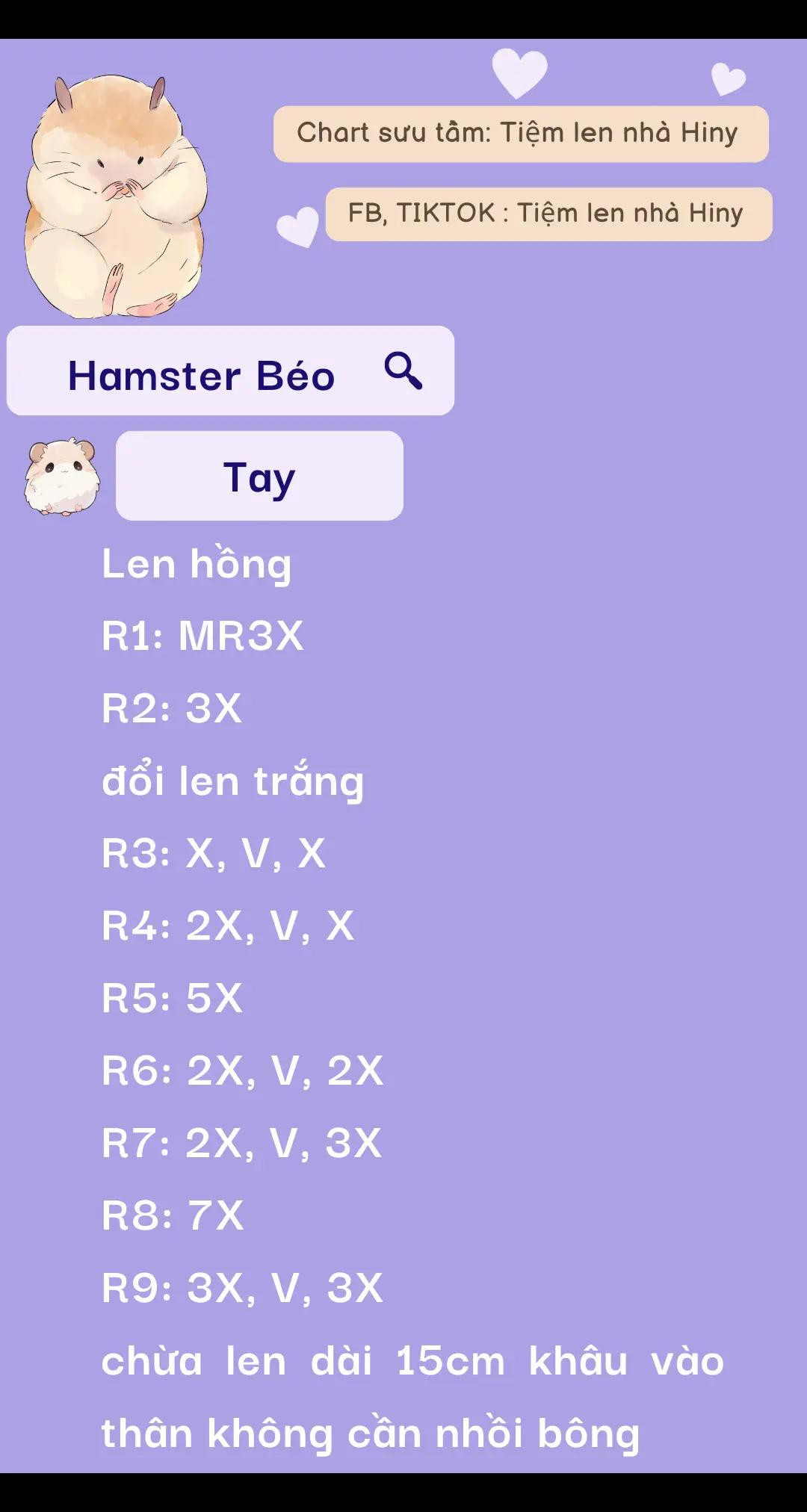 Chart móc len Hamster Béo: Hướng dẫn chi tiết từng phần đầu, thân, tay và chân từ Tiệm len nhà Hiny