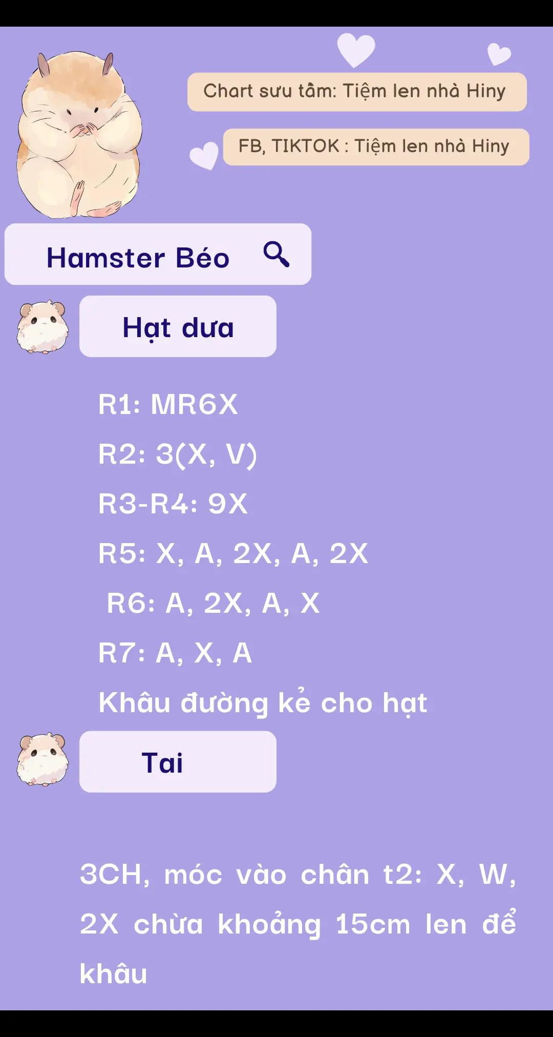Chart móc len Hamster Béo: Hướng dẫn chi tiết từng phần đầu, thân, tay và chân từ Tiệm len nhà Hiny