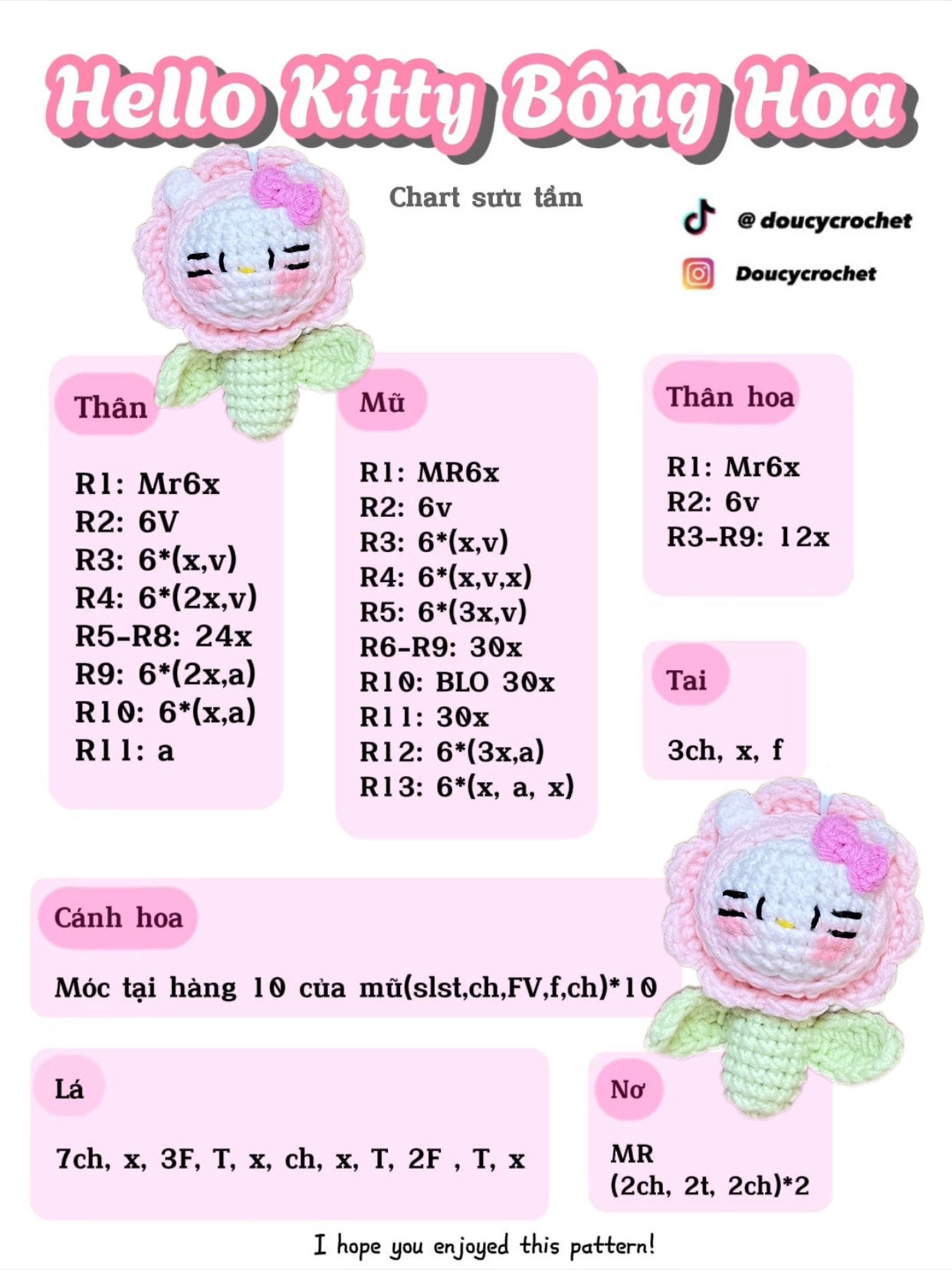 Chart móc len Hello Kitty bông hoa màu hồng, tím, xanh