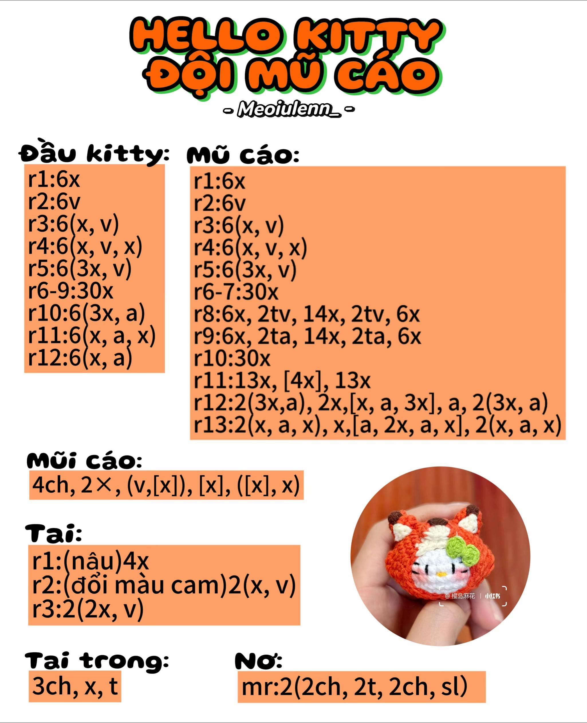 Chart Móc Len Hello Kitty Đội Mũ Cáo Cam Dễ Thương