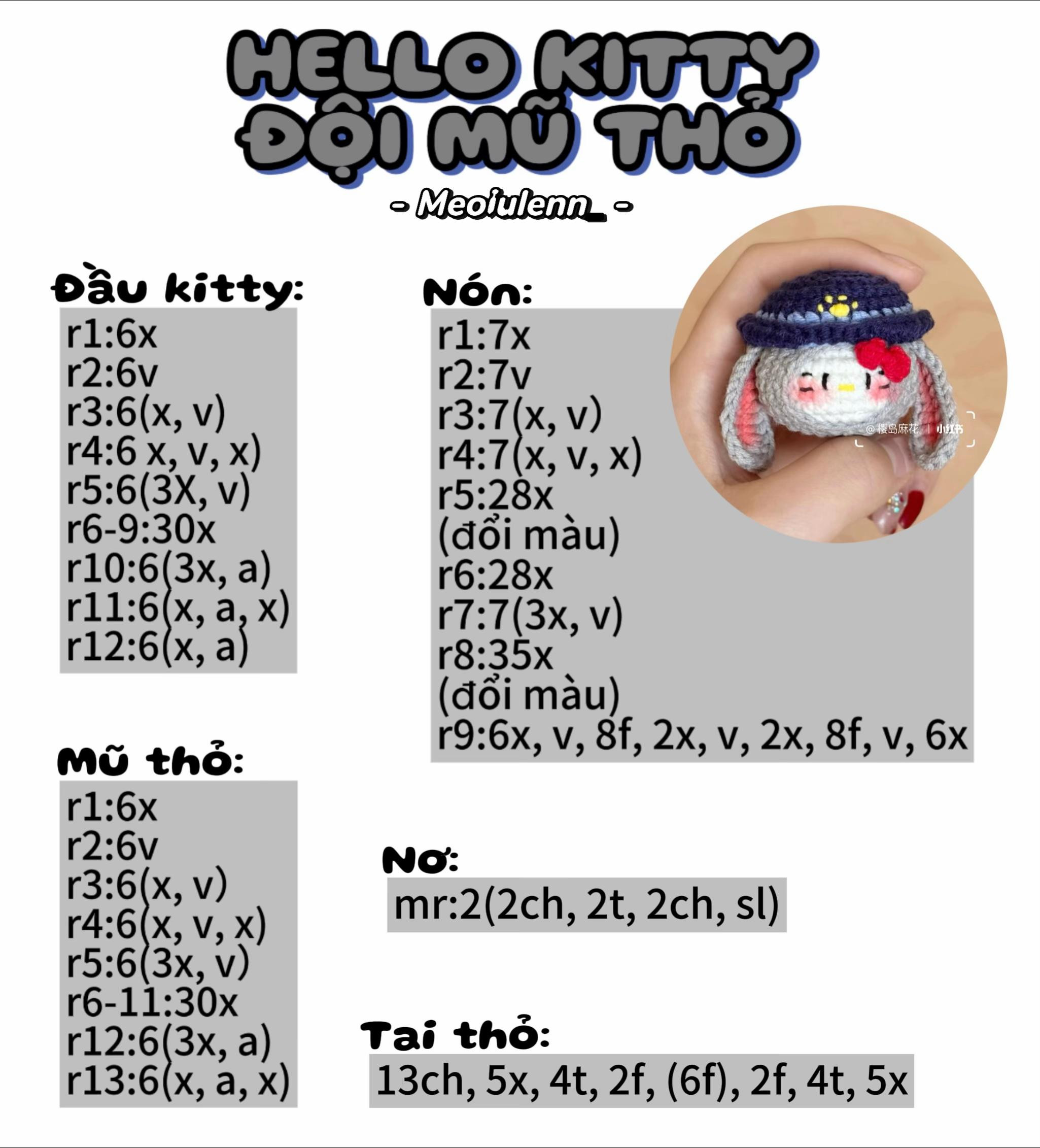 Chart móc len Hello Kitty đội mũ thỏ cảnh sát dễ thương