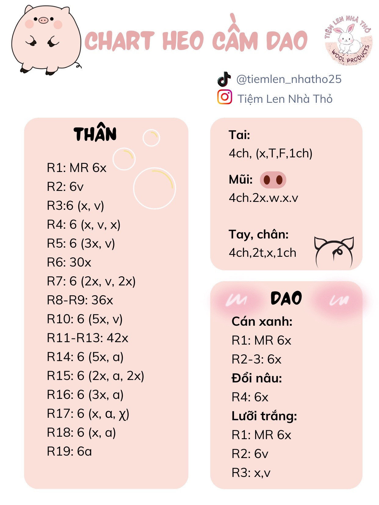 Chart móc len Heo cầm dao dễ thương