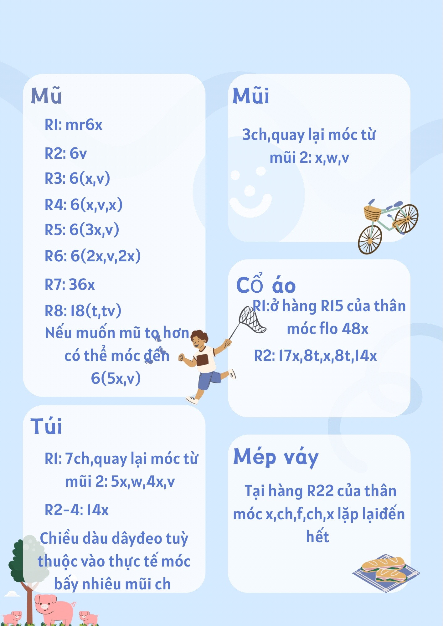 Chart móc len heo đeo túi, hướng dẫn chi tiết từng hàng