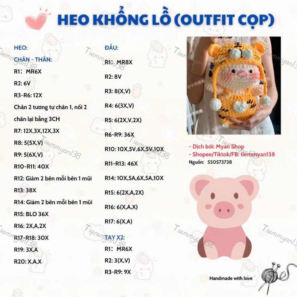 Chart Móc Len Heo Khổng Lồ (Outfit Cọp) - Hướng dẫn chi tiết từng hàng
