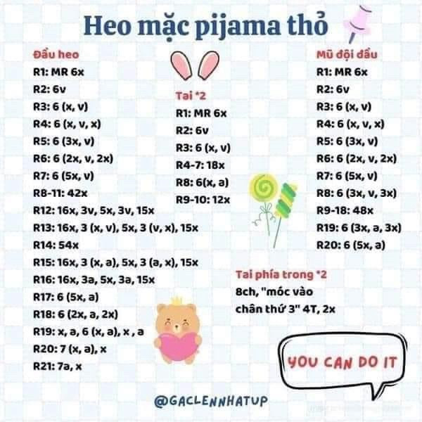 Chart móc len heo mặc pijama thỏ dễ thương