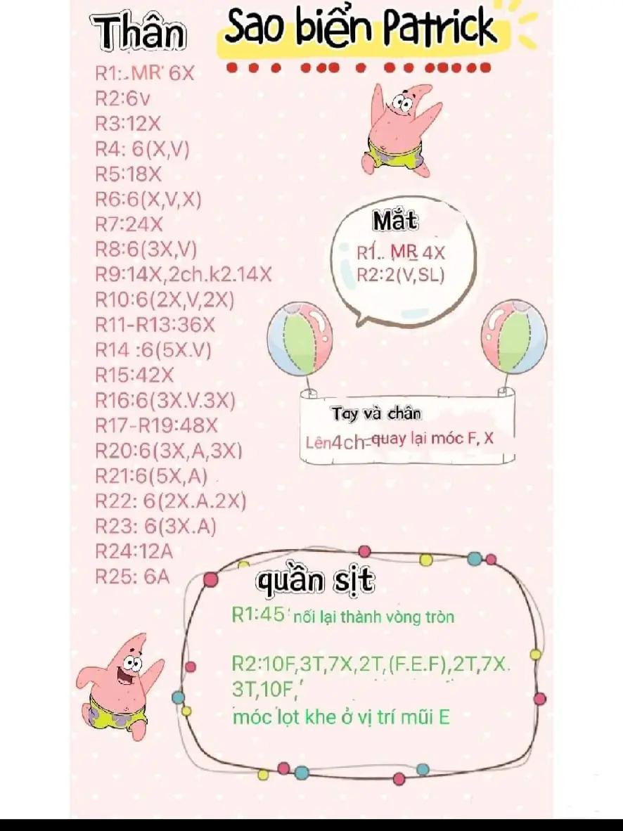 Chart móc len hình Sao biển Patrick và Ếch thổi bóng xả stress