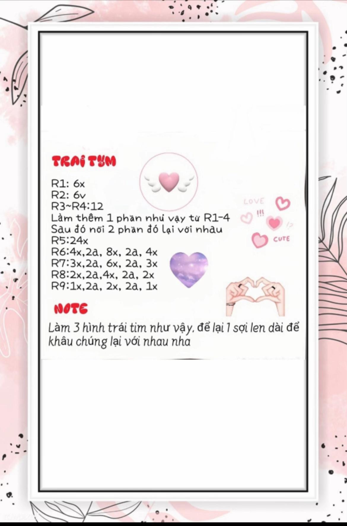 Chart móc len hình trái tim nhiều màu sắc dễ thương