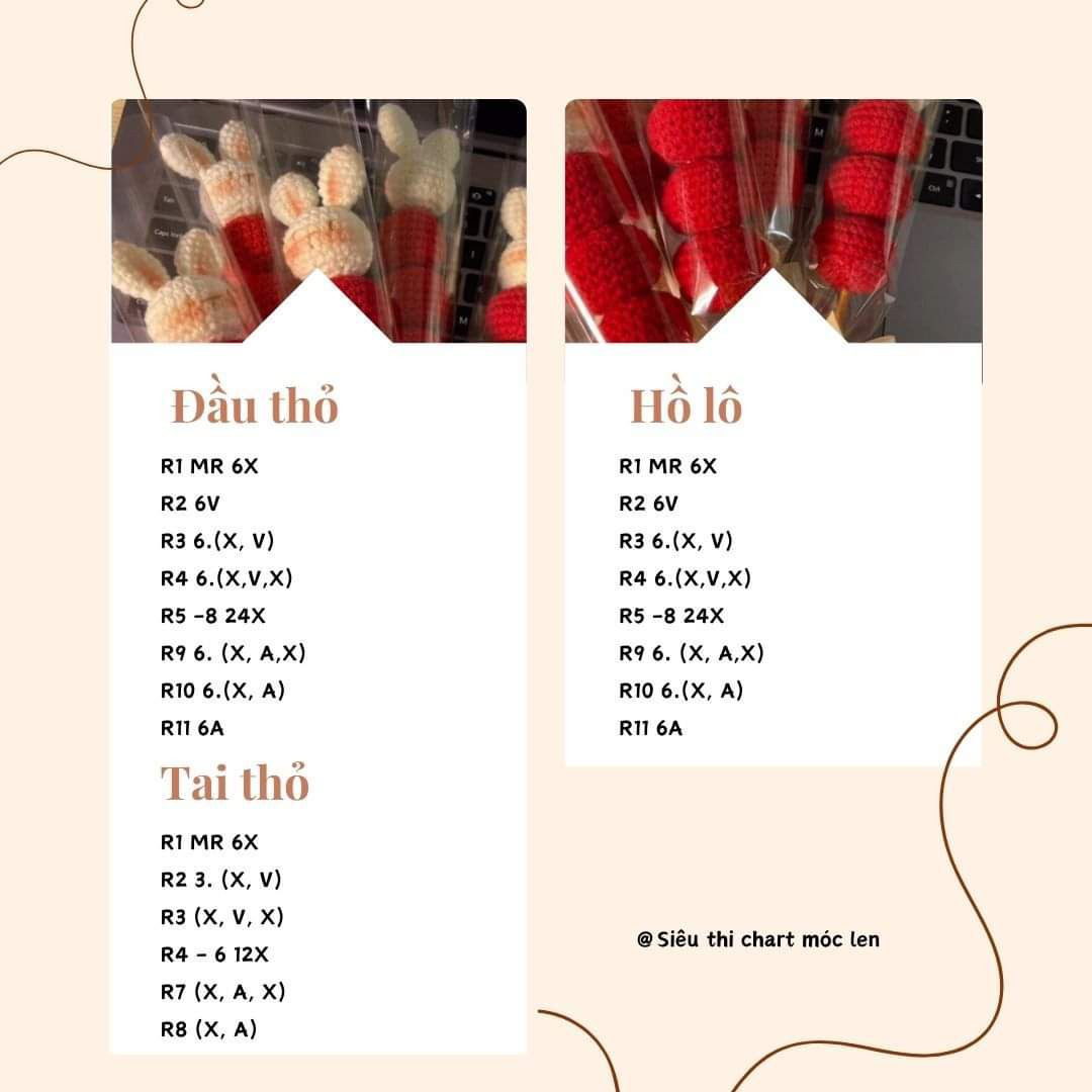 Chart móc len Hổ lô thỏ màu đỏ và trắng dễ thương
