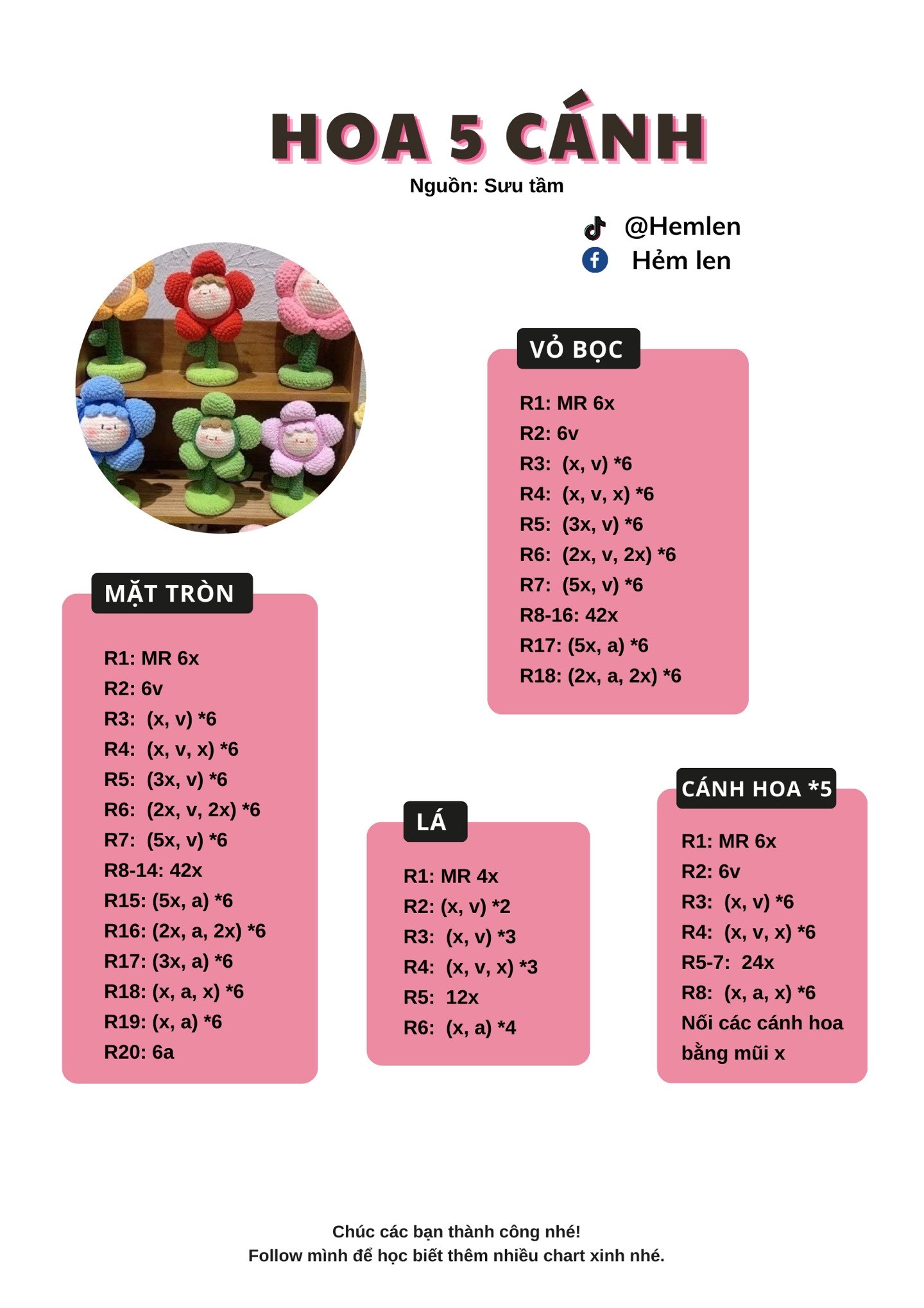Chart móc len Hoa 5 cánh dễ thương nhiều màu sắc