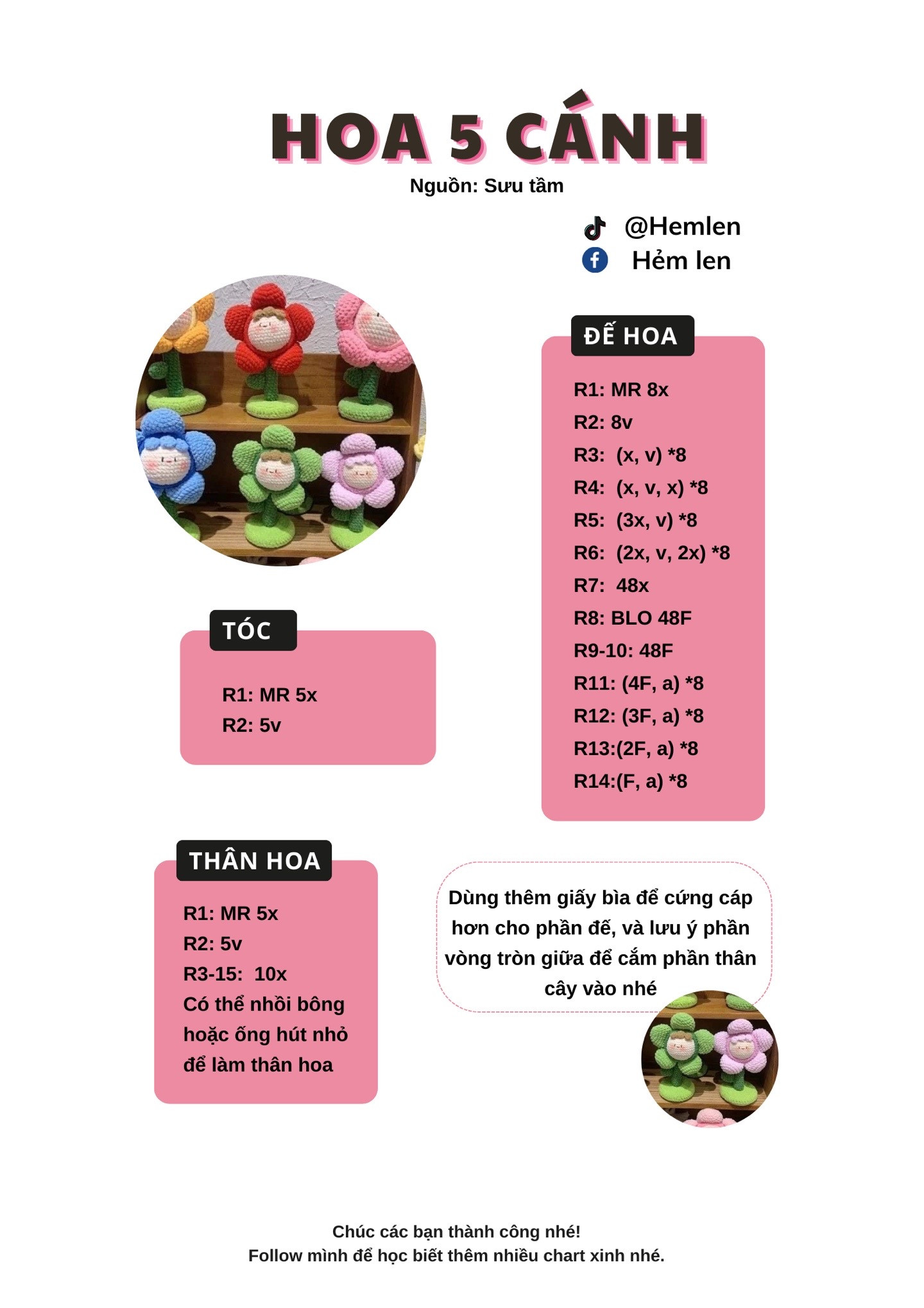 Chart móc len Hoa 5 cánh dễ thương nhiều màu sắc