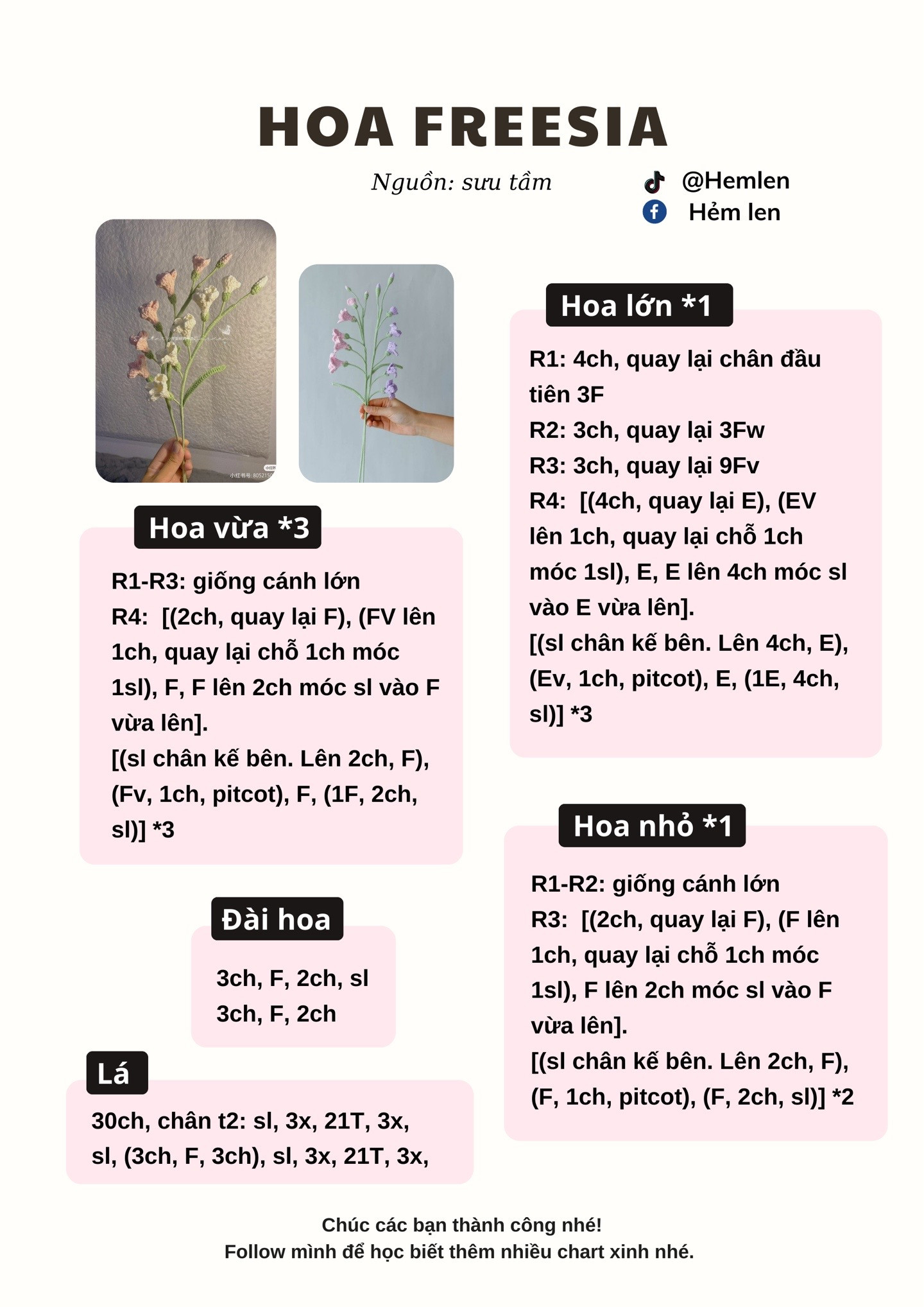 Chart móc len hoa Freesia - Hướng dẫn chi tiết cách làm cành hoa