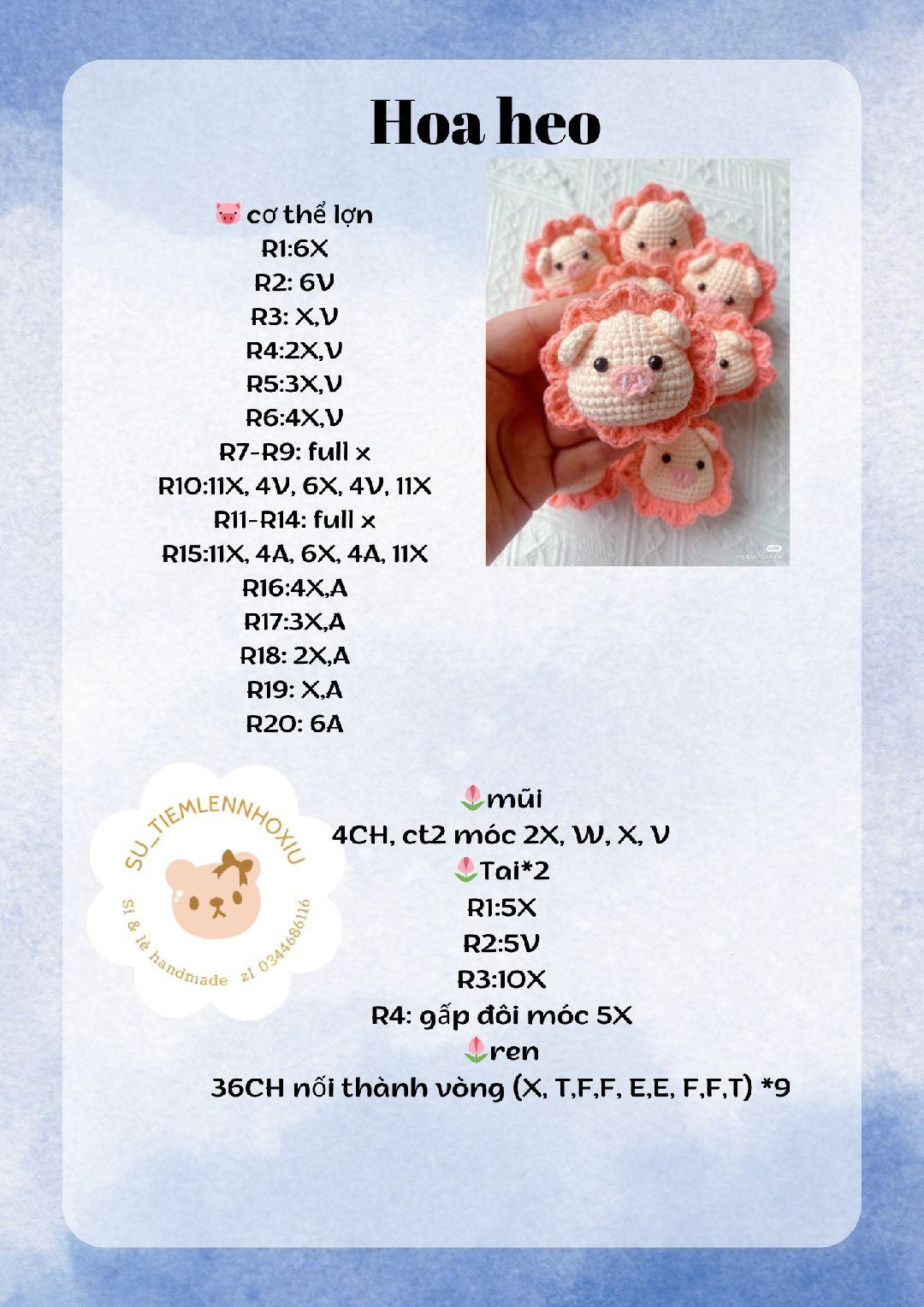 Chart móc len Hoa heo dễ thương, hướng dẫn chi tiết từng hàng
